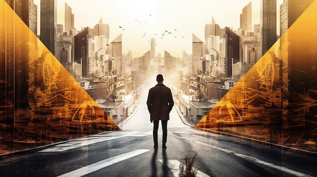 Man on abstract city background with digital arrows Generative AI