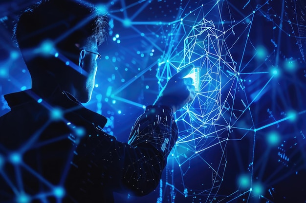 Man accessing computer with cyber security shield on dark background