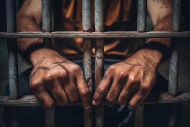 Man achter de tralies Mannen's handen rusten op de trallies van een gevangenis of gevangeniscel Conclusie concept Misdaad en straf Closeup Repressie Gerechtigheid