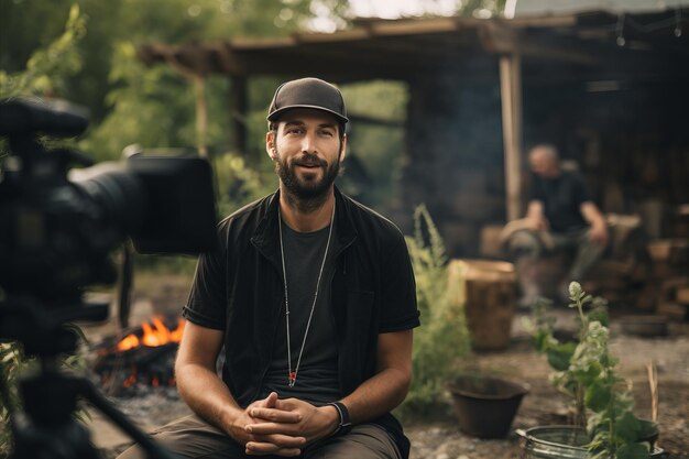 Man activist delivering a powerful message in a vlog Outdoor location with ecofriendly props and n