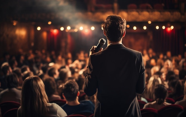 A man addressing a large audience with a microphone in hand AI