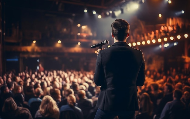 A man addressing a large audience with a microphone in hand AI