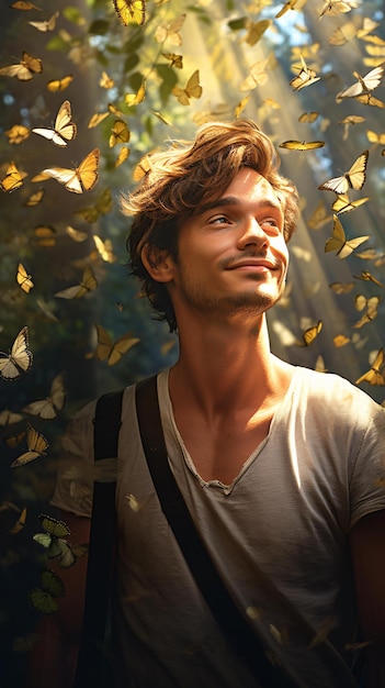 A man admiring a colorful swarm of butterflies in a natural setting