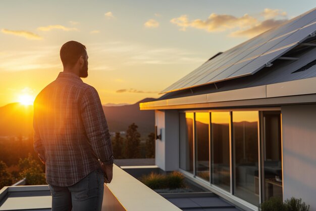 Photo man admiring sunset on a balcony with solar panels