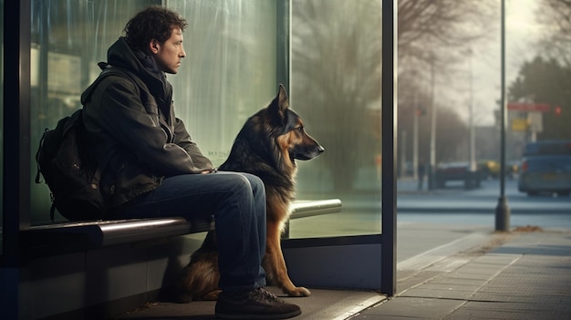 バス停にいる男性と愛らしい犬