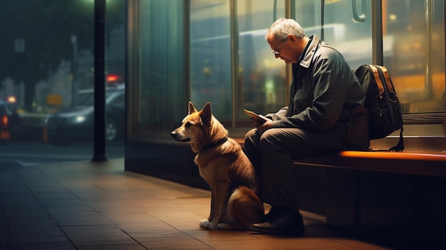 バス停にいる男性と愛らしい犬