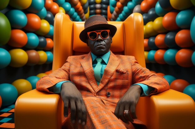 Man of African descent in an orange classic suit hat and sunglasses on orange armchair looks at the camera