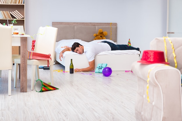 Man after heavy christmas partying at home