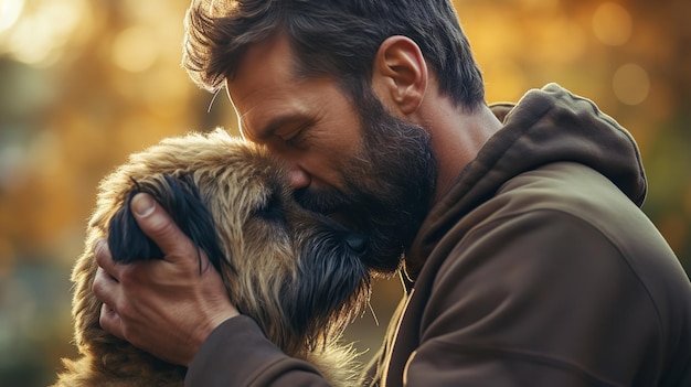 Photo a man in the afternoon at the park giving his golden retriever puppy a hug generative ai