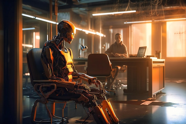 Foto un uomo e un robot ai siedono in un ufficio futuristico in attesa di iniziare un colloquio di lavoro che unisce intelligenza umana e artificiale