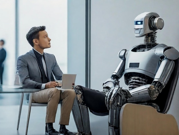 Man and AI robot waiting for a job interview