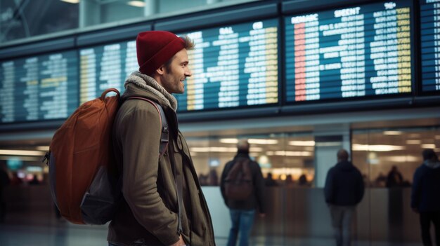 Man in airport looking to flight timetable