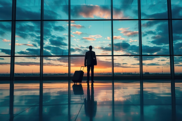 Man in the airport terminal with his bags Generative Ai