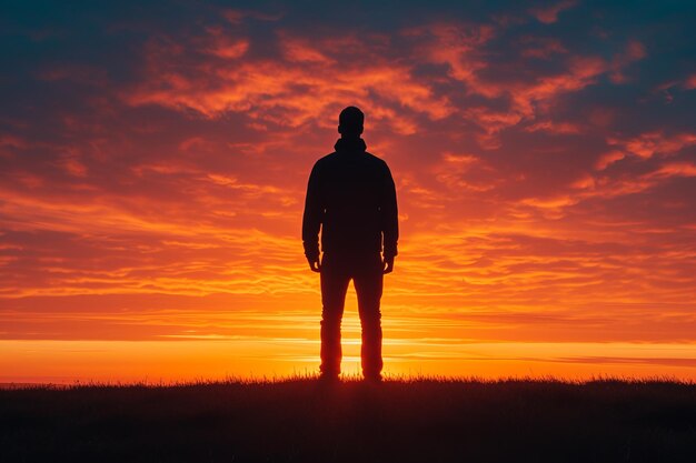 Man alone in a field of wheat during sunset