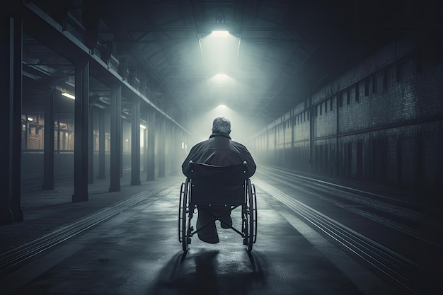 Man alone in a wheelchair in a contemplative mood Generative AI