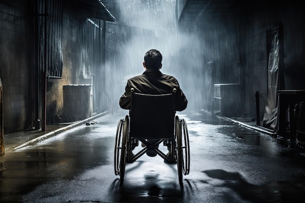명상적인 분위기에서 휠체어에 홀로 앉아 있는 남자 Generative AI