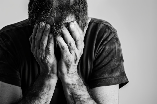 Photo man alone with head resting on hands on white background