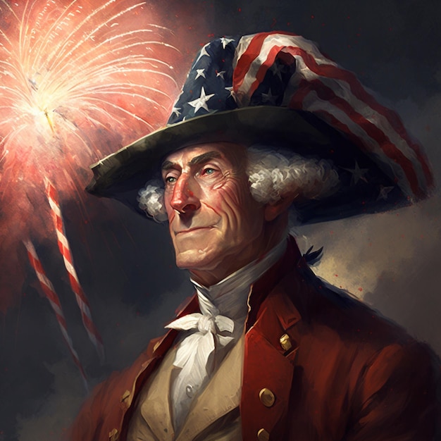 A man in an american flag hat and jacket with fireworks in the background.