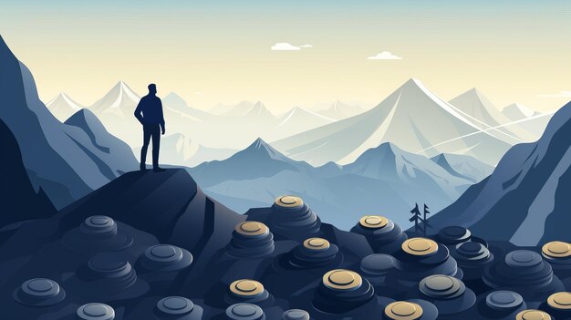 Photo a man among the mountains of coins ai generative