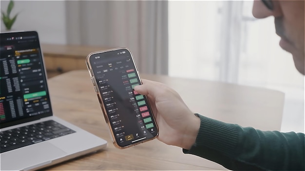 Человек анализирует графики фондового рынка на ноутбуке и смартфоне Биткойн и инвестиции в криптовалюту