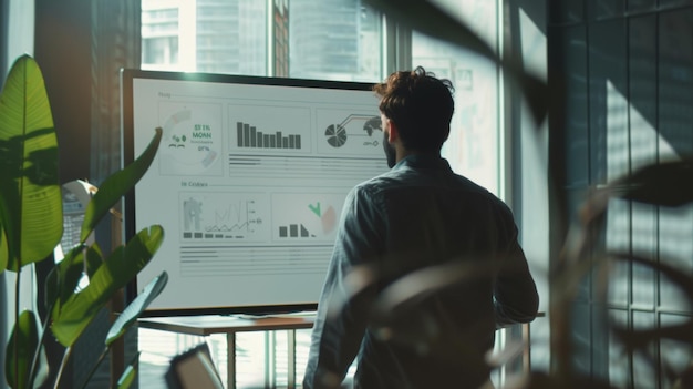 A man analyzes charts and data on a large monitor in a modern office