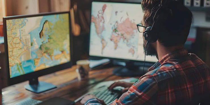 Photo man analyzing geographic data on computer with maps on desk concept geographic data analysis mapping software computer desk setup technology in geography analyzing data