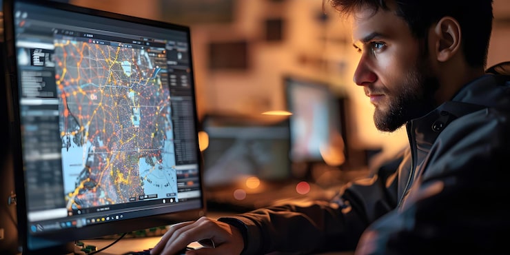 Photo man analyzing geographic data on computer with maps displayed on screen concept geographic data analysis computer technology mapping software remote sensing data visualization