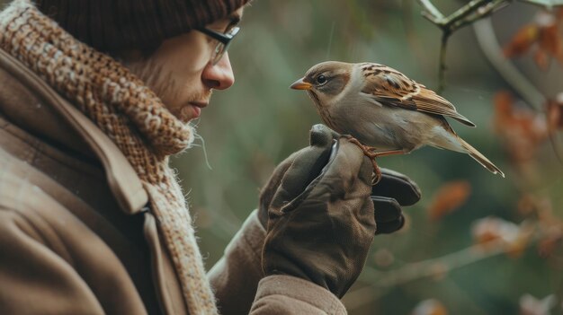 写真 手袋をかぶった秋の服を着た男と鳥