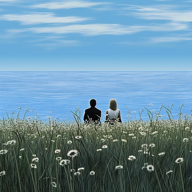 사진 푸른 잔디에서 바다를 바라보는 남자와 여자