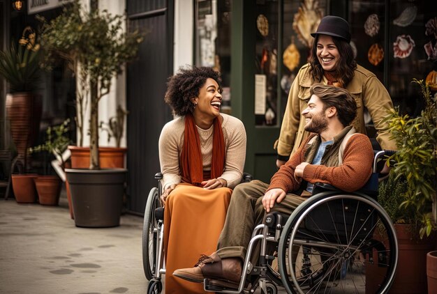 Фото Мужчина и женщина в инвалидных колясках сидят и разговаривают в стиле радостной причудливости