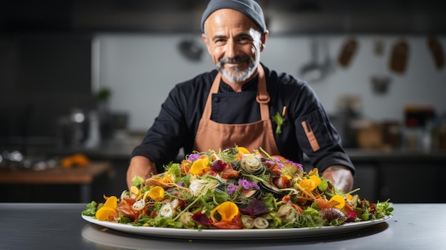 Foto un uomo in grembiule prepara delicatamente un'insalata vivace