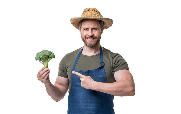 Man in apron and hat with broccoli vegetable isolated on white point finger
