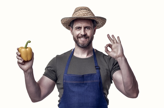 Foto uomo in grembiule e cappello con verdure di peperoni dolci isolate su bianco ok