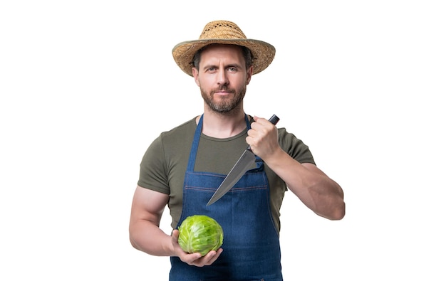 Man in apron hold cabbage vegetable and knife isolated on white