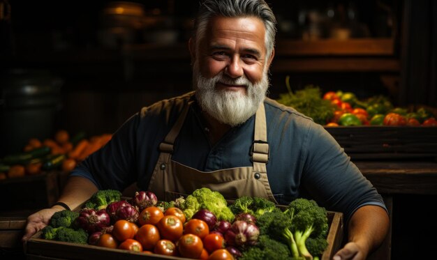 Man in apron holding wooden crate of vegetables A man with a beard holding a box of vegetables