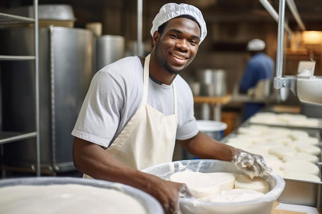 Photo a man in an apron is making cheese industrial cheese production plant modern technologies production of different types of cheese at the factory