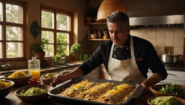 Foto un uomo in grembiule sta preparando un pasto con una padella di pasta