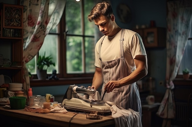 Photo a man in an apron is using an electric iron