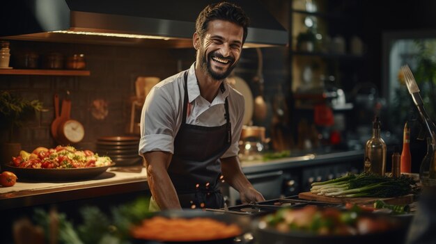 Man in Apron Preparing Food in Kitchen