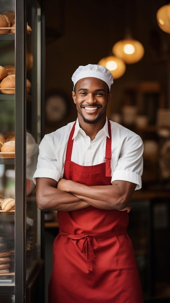 a man in an apron stands in front of a bakery with his arms crossed