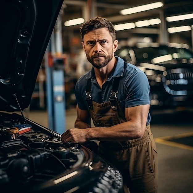 a man in an apron stands in front of a car with the hood open.