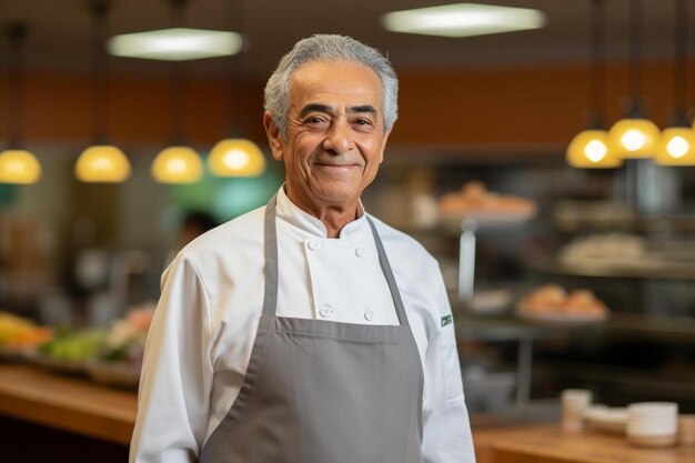 a man in an apron stands in front of a counter with food