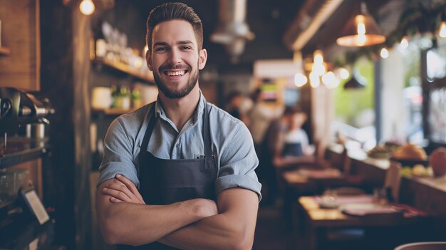 A man in an apron stands in a restaurant