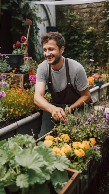 A man in an apron tending to plants Generative AI image