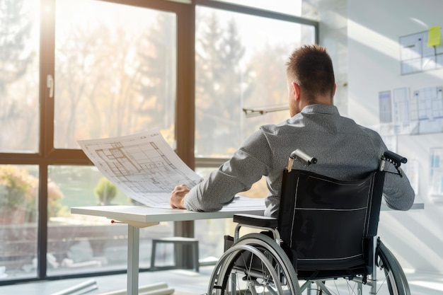 A man architect in a wheelchair sits at a desk with a large window working on a project at office