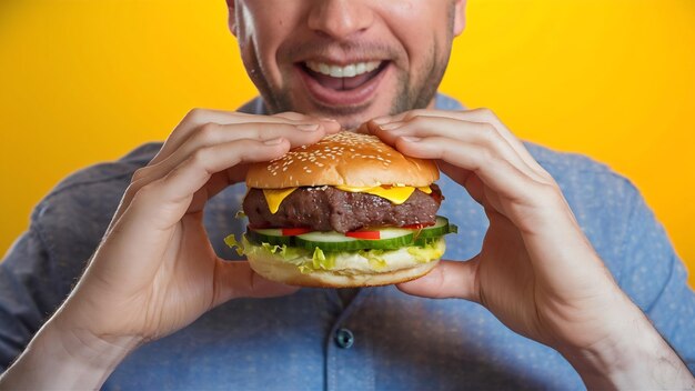 Man are going to eat meat burger lettuce cucumber tomato side view