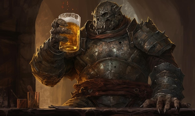 A man in armor holding a glass of beer