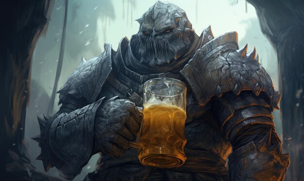 A man in armor holding a glass of beer