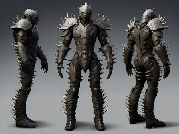 a man in armor poses for a picture in three different poses one with spikes