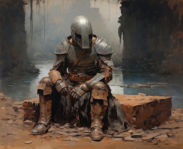 a man in armor sitting on stone ledge